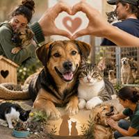 Perro y gato rescatados junto a personas en refugio de animales, representando adopción responsable de mascotas