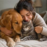 Mujer abrazando con cariño a perro y gato en casa, imagen de amor por las mascotas, bienestar animal y convivencia familiar.
