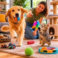 Perro y gato jugando con juguetes interactivos en casa