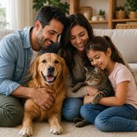 Familia feliz con perro y gato en casa, mascotas como parte de la familia,