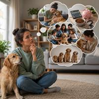 Mujer pensando en todas las necesidades de un perro o un gato para ver si esta preparada para su adopción