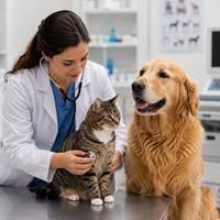Veterinario revisando un gato junto a un perro durante un chequeo médico, control de salud, vacunas, desparasitación y cuidados veterinarios para mascotas