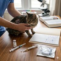 Gato atigrado en consulta veterinaria con historial médico, vacunas y cicatriz de esterilización para adopción responsable.