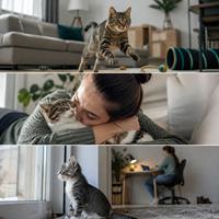 Gato activo, gato independiente y gatito en diferentes hogares mostrando la importancia de elegir el gato adecuado para una adopción responsable, bienestar felino y convivencia perfecta con la familia.
