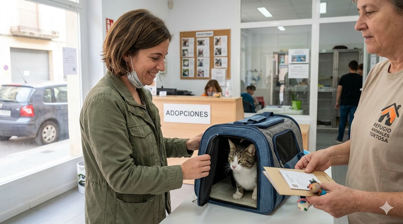 Una mujer sonriente recibe a un gato rescatado dentro de su transportín en una oficina de adopciones de un refugio de animales, mientras un voluntario le entrega los documentos de adopción.