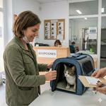 Gato siendo preparado en la protectora de animales en un transportín para ser llevado a su nnuevo hogar