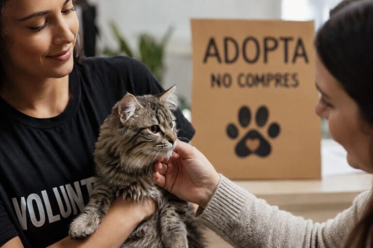 Gato en adopción siendo acariciado en refugio de animales por una familia