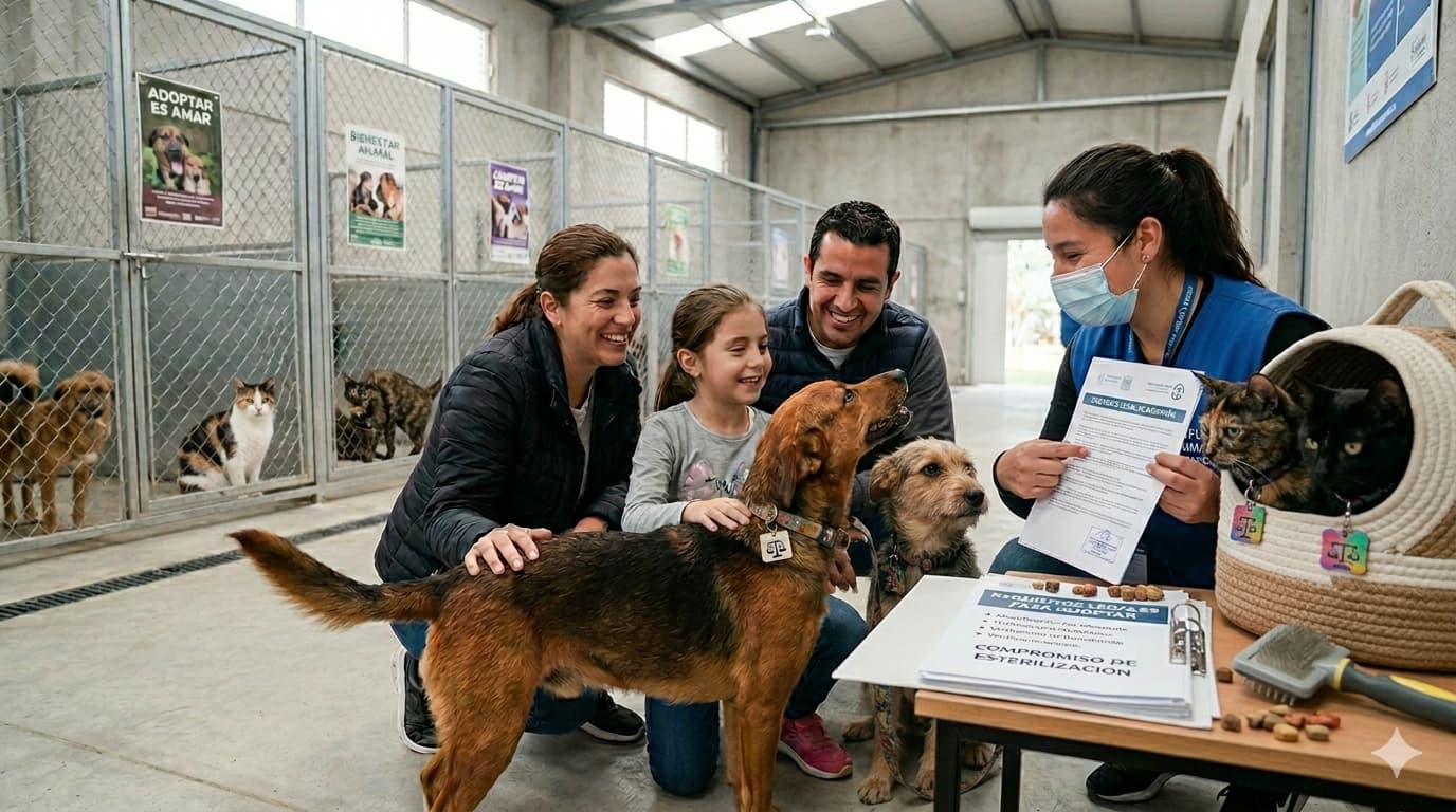 Una familia feliz adopta dos perros y dos gatos en un refugio de animales, mientras una voluntaria con mascarilla les explica los documentos legales de adopción.