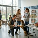 Mujer informándose sobre la adopción de un perro en un refugio de animales, con carteles informativos sobre estilos de vida y otros perros en el fondo.