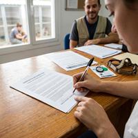 Persona firmando el contrato legal de adopción en un refugio para comprometerse formalmente con el cuidado y bienestar de su nueva mascota.