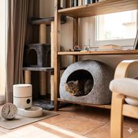 Un gato atigrado duerme tranquilamente en una acogedora cueva refugio colocada sobre una estantería de madera, dentro de un hogar diseñado para reducir el estrés. La escena incluye un dispensador automático de comida y un reloj, simbolizando la importancia de horarios estables, mientras que un rascador de torre al fondo ofrece espacio adicional para el descanso, creando un entorno seguro y relajado para el bienestar felino.