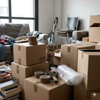 Un gato atigrado observa con expresión de alerta y confusión mientras está rodeado de numerosas cajas de cartón de mudanza, rollos de plástico de burbujas y muebles cubiertos, ilustrando el impacto negativo de las mudanzas, cambios bruscos y falta de rutina en el bienestar emocional de los gatos.