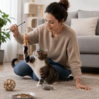 Dueño jugando con su gato en casa para fortalecer el vínculo, generar confianza y mejorar el bienestar felino.