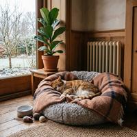 gato atigrado naranja durmiendo profundamente en una cama de felpa con una manta térmica. Al fondo, un radiador y una ventana con vista de invierno. Rincón acogedor para mascotas con cuencos y juguetes