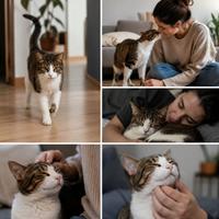 Gato feliz y cariñoso mostrando confianza en su nuevo hogar mientras sigue a su dueño, duerme cerca y disfruta de caricias.