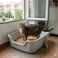 Un primer plano de un gato atigrado grande y cómodo utilizando una caja de arena de pellets de madera de gran tamaño en un balcón soleado