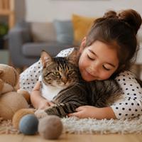 Niña abrazando a un gato sociable y paciente en casa, una mascota ideal para familias con niños que buscan un compañero cariñoso, tranquilo y tolerante.