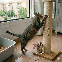 Un gato atigrado se estira y rasca un poste de rascado de sisal de alta calidad, diseñado para ser resistente, con marcas de garras visibles,