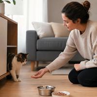 Gato recién adoptado adaptándose a su nuevo hogar mientras recibe comida húmeda y confianza de su cuidador en un ambiente tranquilo y seguro.