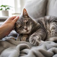 Gato senior cariñoso descansando mientras recibe caricias, mascota tranquila y afectuosa ideal para adopción, compañía en el hogar y amantes de los gatos adultos.