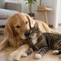 Gato sociable conviviendo con otras mascotas en el hogar, ideal para familias que buscan adoptar un gato compatible, equilibrado y acostumbrado a compartir espacio con animales.