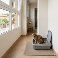 Arenero de gato ubicado en un lugar aireado de la casa con gato dentro