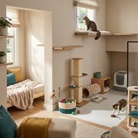 Dos gatos disfrutan de un ecosistema completo de enriquecimiento vertical en un hogar moderno: estantes de pared, torre rascadora, comederos interactivos y zonas de juego estimulante