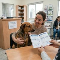 Dueña revisando la cartilla de vacunación y desparasitación de su perro en la clínica veterinaria para asegurar que su historial de salud esté al día.