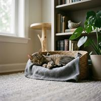 Gato atigrado durmiendo plácidamente en una cama cómoda situada en un rincón silencioso del hogar, ideal para garantizar el descanso y bienestar felino.