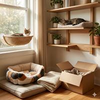 Gato descansando cómodamente en una hamaca de ventana soleada, rodeado de diversas opciones de descanso como mantas y cajas para el confort felino en el hogar.