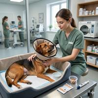 Perro mestizo en clínica veterinaria con collar isabelino suave y una bandeja de esterilización