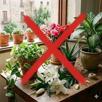 Una gran cruz roja superpuesta sobre una mesa de madera y un alféizar de ventana que muestran una variedad de plantas de interior tóxicas, como lirios blancos, pothos, dieffenbachia y aloe vera, en un salón doméstico. La imagen sirve de advertencia visual directa sobre el peligro de estas plantas para mascotas como gatos