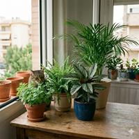 Un gato atigrado observa con curiosidad una selección de plantas domésticas no tóxicas, incluyendo hierba gatera, un helecho de Boston, una Calathea y una palma Areca, dispuestas sobre una mesa de madera cerca de una ventana luminosa