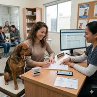 Mujer actualizando los datos de propiedad de su perro adoptado en el registro oficial ante una funcionaria, completando el trámite legal necesario tras la adopción.