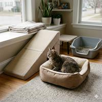 Una imagen que muestra una configuración doméstica completa para un gato senior con movilidad reducida. Un gato atigrado senior descansa cómodamente en una cama ortopédica para mascotas, junto a una rampa plegable para mascotas con superficie de sisal para rascar que le permite acceder al alféizar de la ventana. En el fondo, un arenero de entrada baja facilita el acceso, todo sobre suelos de madera y una alfombra texturizada, creando un entorno de vida adaptado y seguro para gatos mayores con artritis.