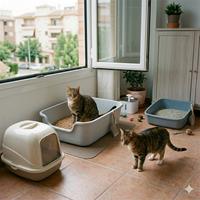 Un plano medio de dos gatos domésticos en un balcón español soleado, con tres cajas de arena diferentes